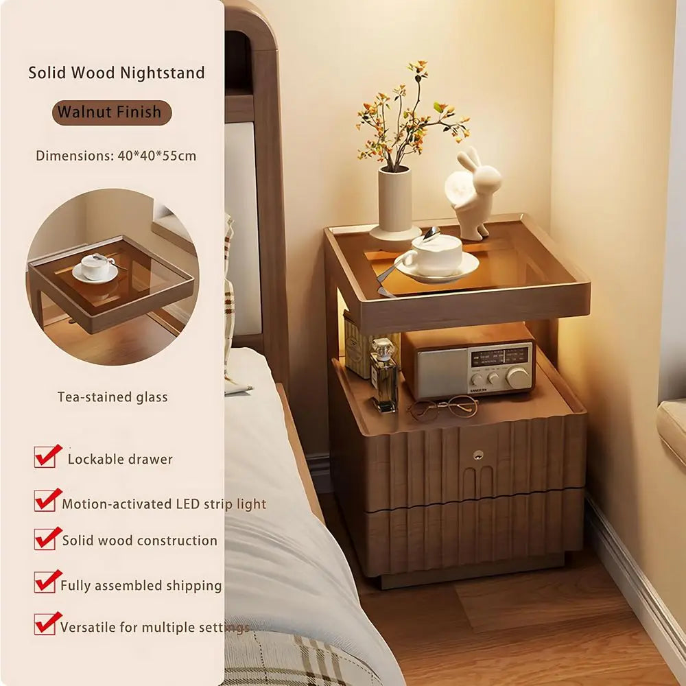 Modern Solid Wood Nightstand with LED Light – Warm Glow, Elegant Storage