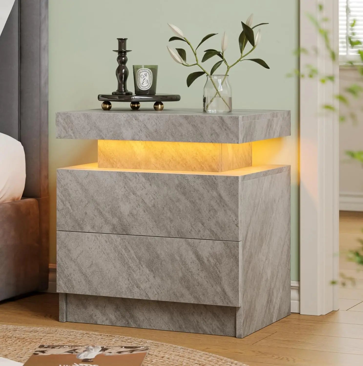 Modern LED Nightstand with 2 Drawers – 8 Colors, Minimalist Bedroom Style