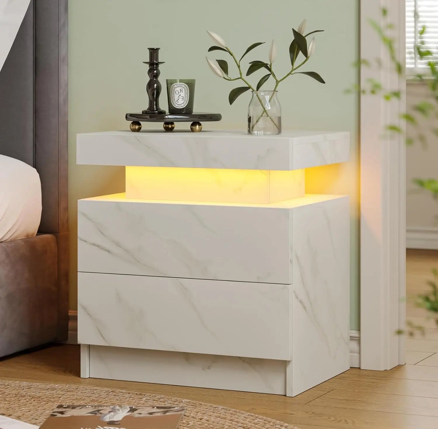 Modern LED Nightstand with 2 Drawers – 8 Colors, Minimalist Bedroom Style