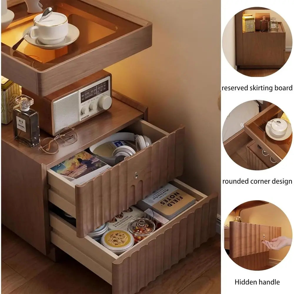 Modern Solid Wood Nightstand with LED Light – Warm Glow, Elegant Storage