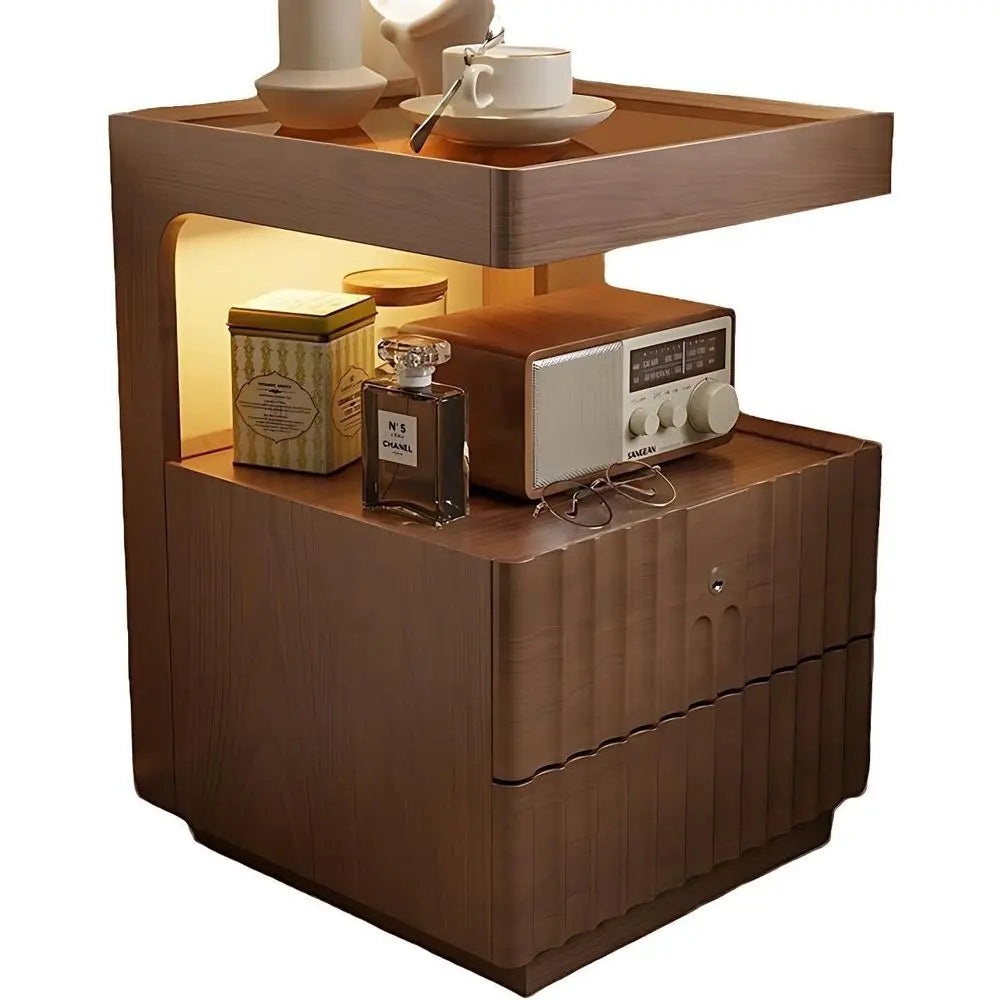 Modern Solid Wood Nightstand with LED Light – Warm Glow, Elegant Storage