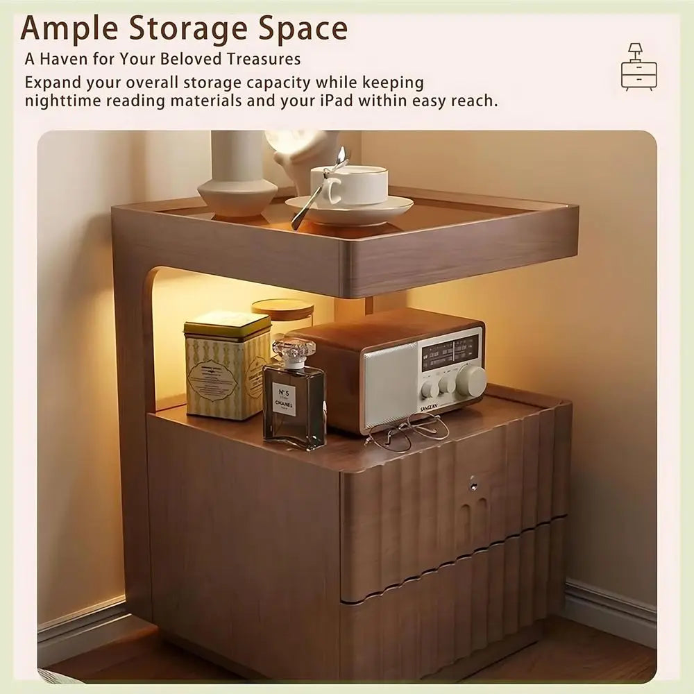Modern Solid Wood Nightstand with LED Light – Warm Glow, Elegant Storage