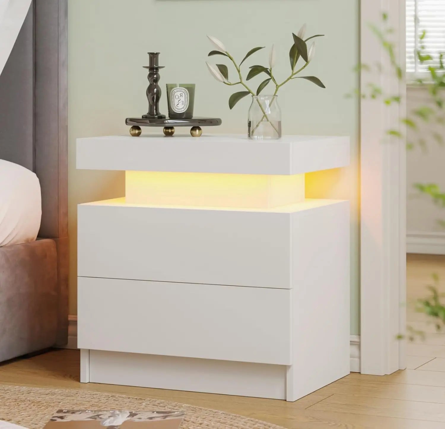 Modern LED Nightstand with 2 Drawers – 8 Colors, Minimalist Bedroom Style