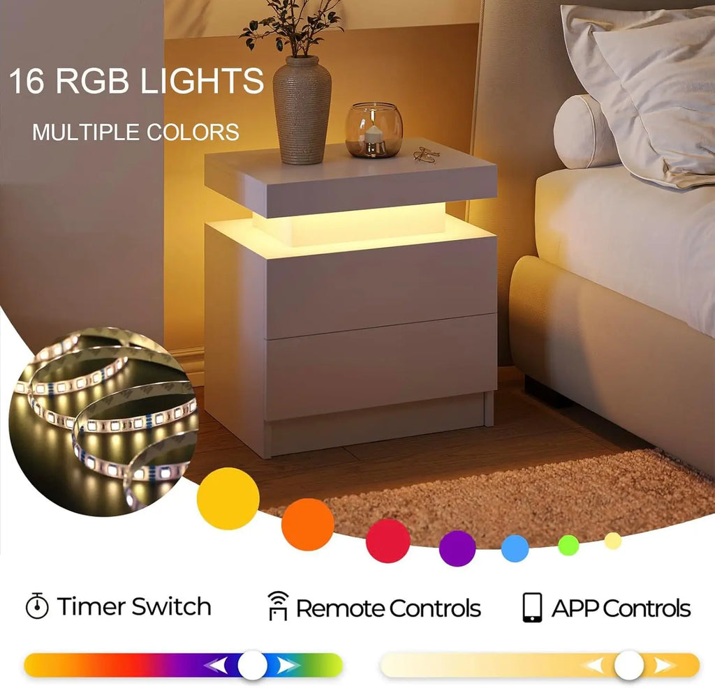 Modern LED Nightstand with 2 Drawers – 8 Colors, Minimalist Bedroom Style
