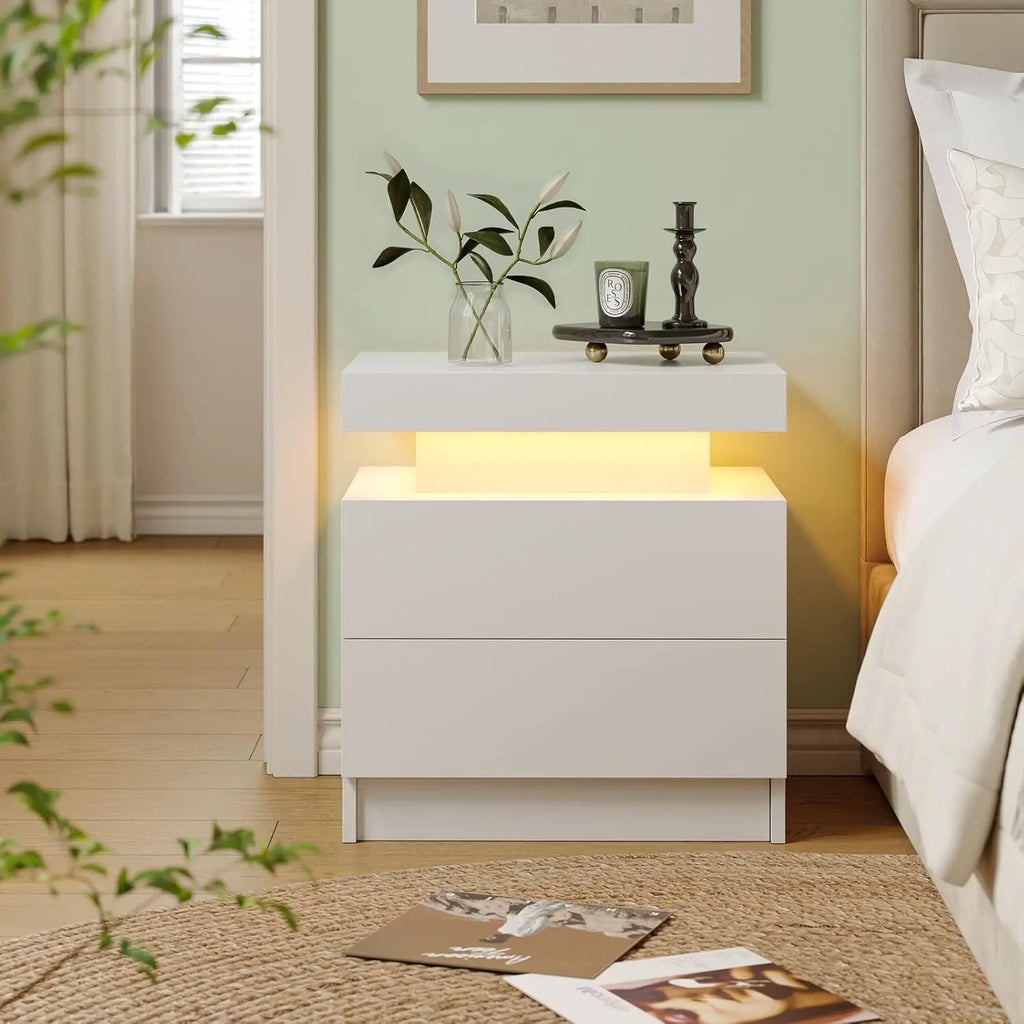 Modern LED Nightstand with 2 Drawers – 8 Colors, Minimalist Bedroom Style