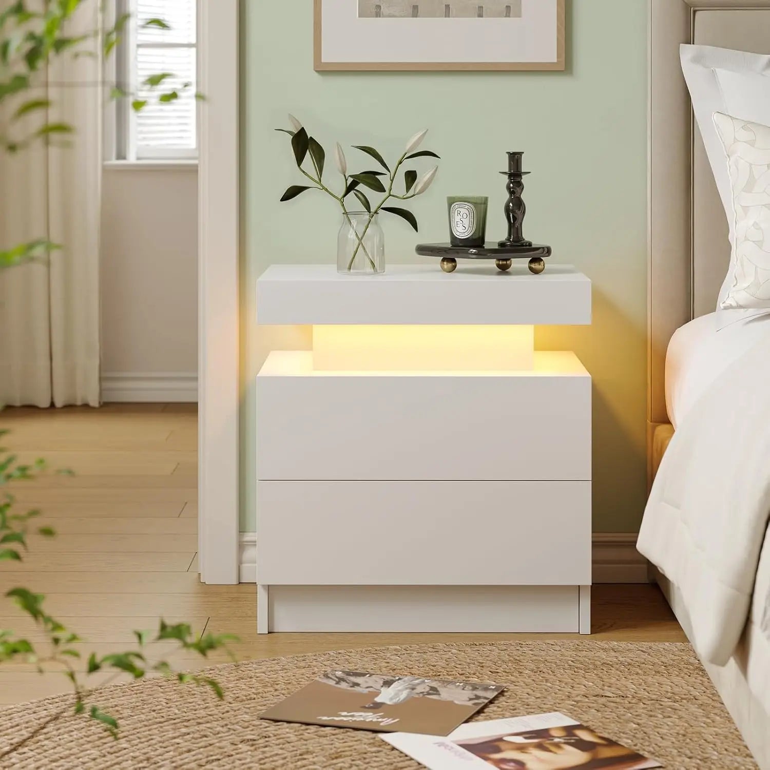 Modern LED Nightstand with 2 Drawers – 8 Colors, Minimalist Bedroom Style