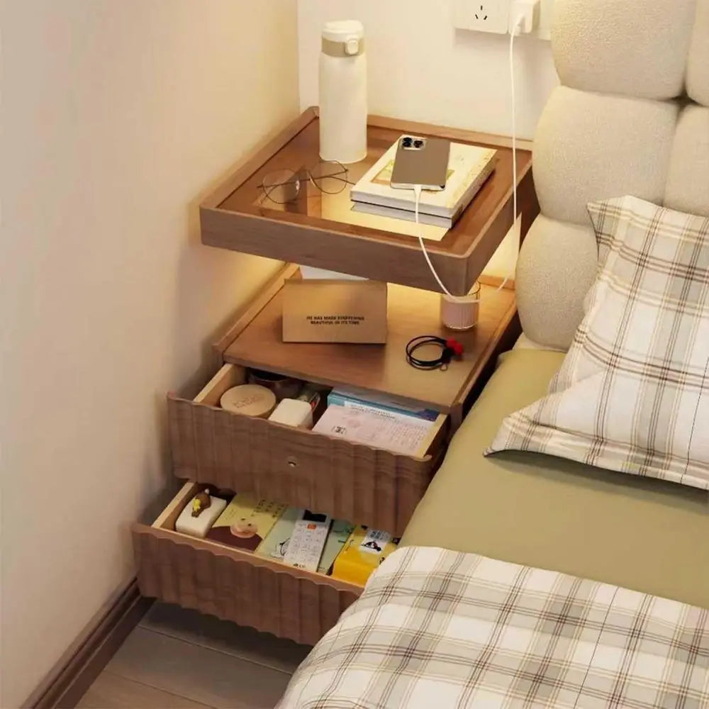 Modern Solid Wood Nightstand with LED Light – Warm Glow, Elegant Storage