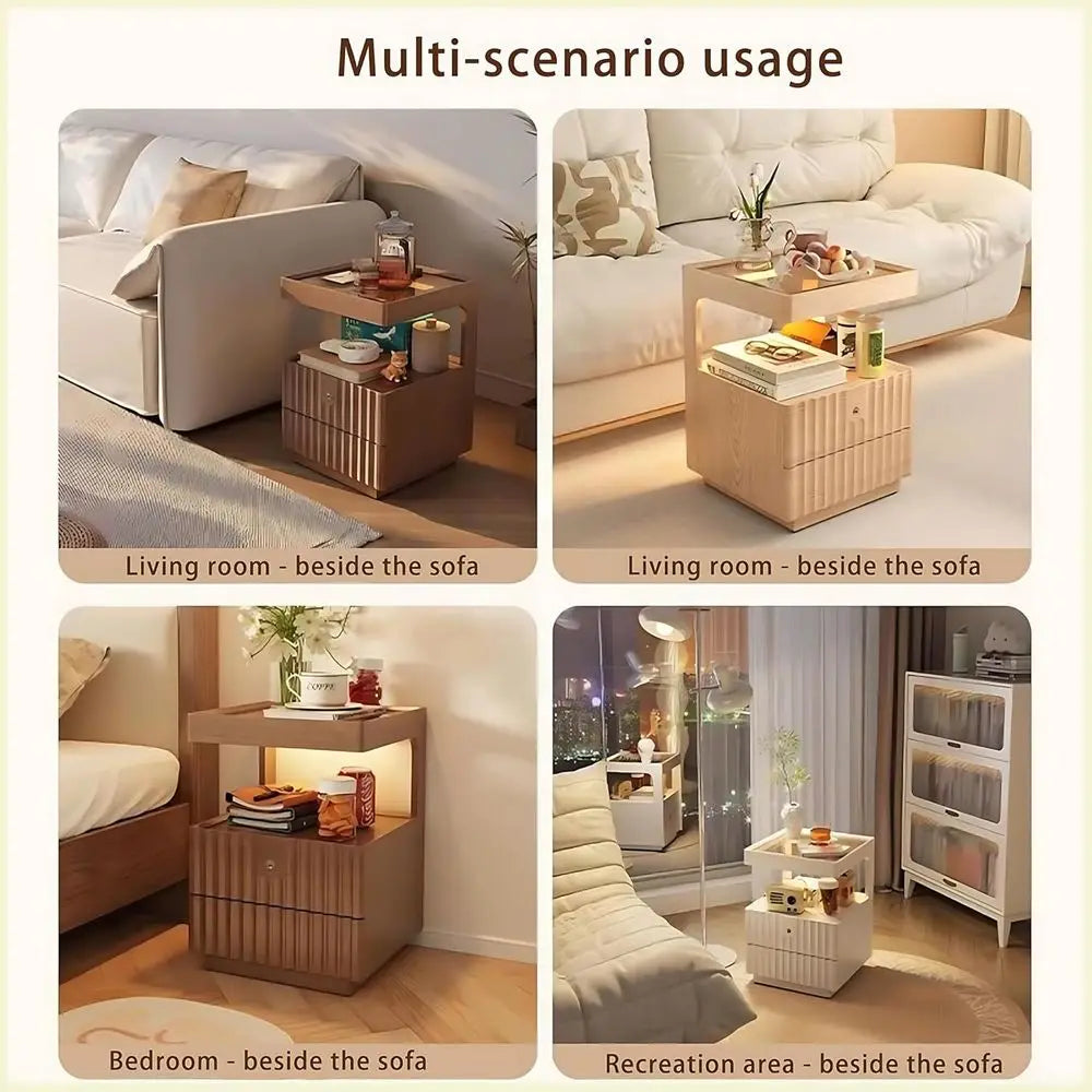 Modern Solid Wood Nightstand with LED Light – Warm Glow, Elegant Storage