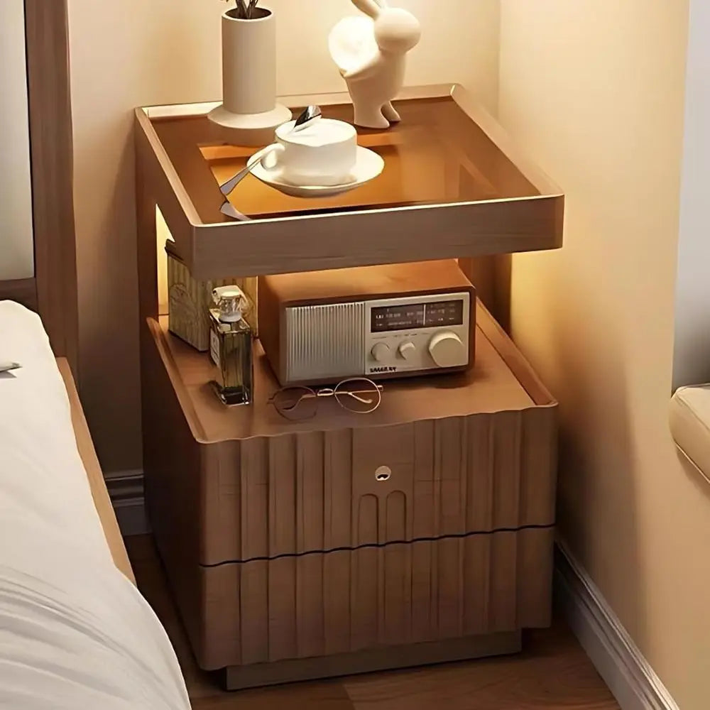 Modern Solid Wood Nightstand with LED Light – Warm Glow, Elegant Storage