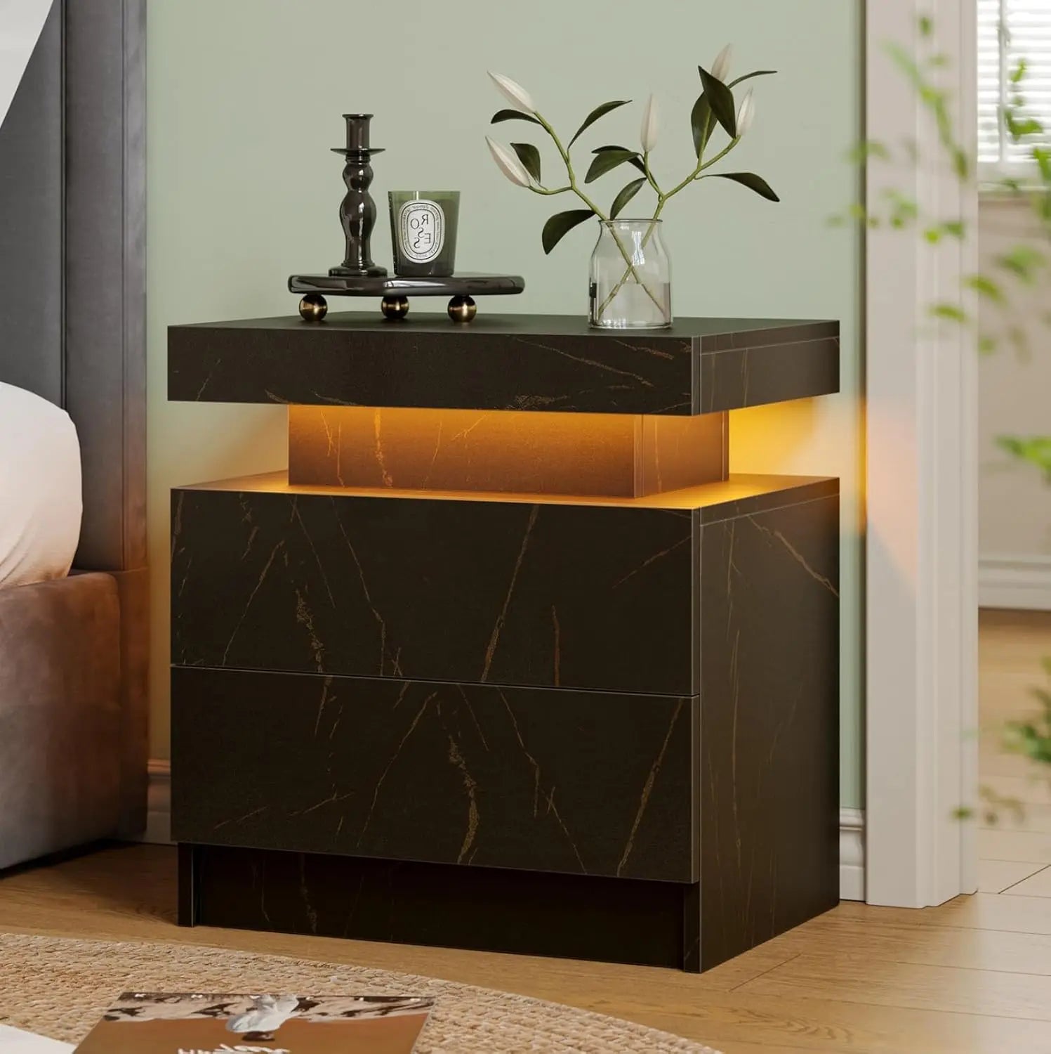 Modern LED Nightstand with 2 Drawers – 8 Colors, Minimalist Bedroom Style