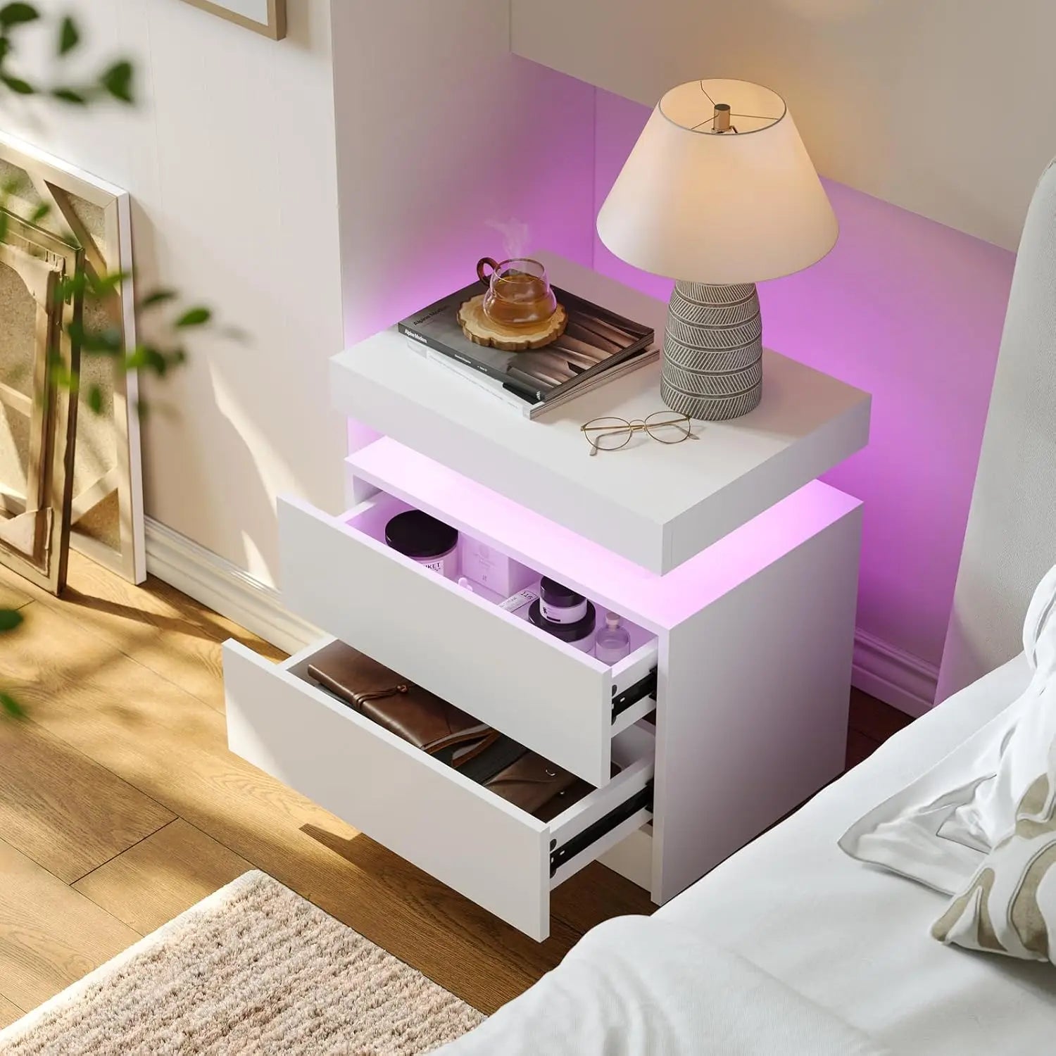 Modern LED Nightstand with 2 Drawers – 8 Colors, Minimalist Bedroom Style