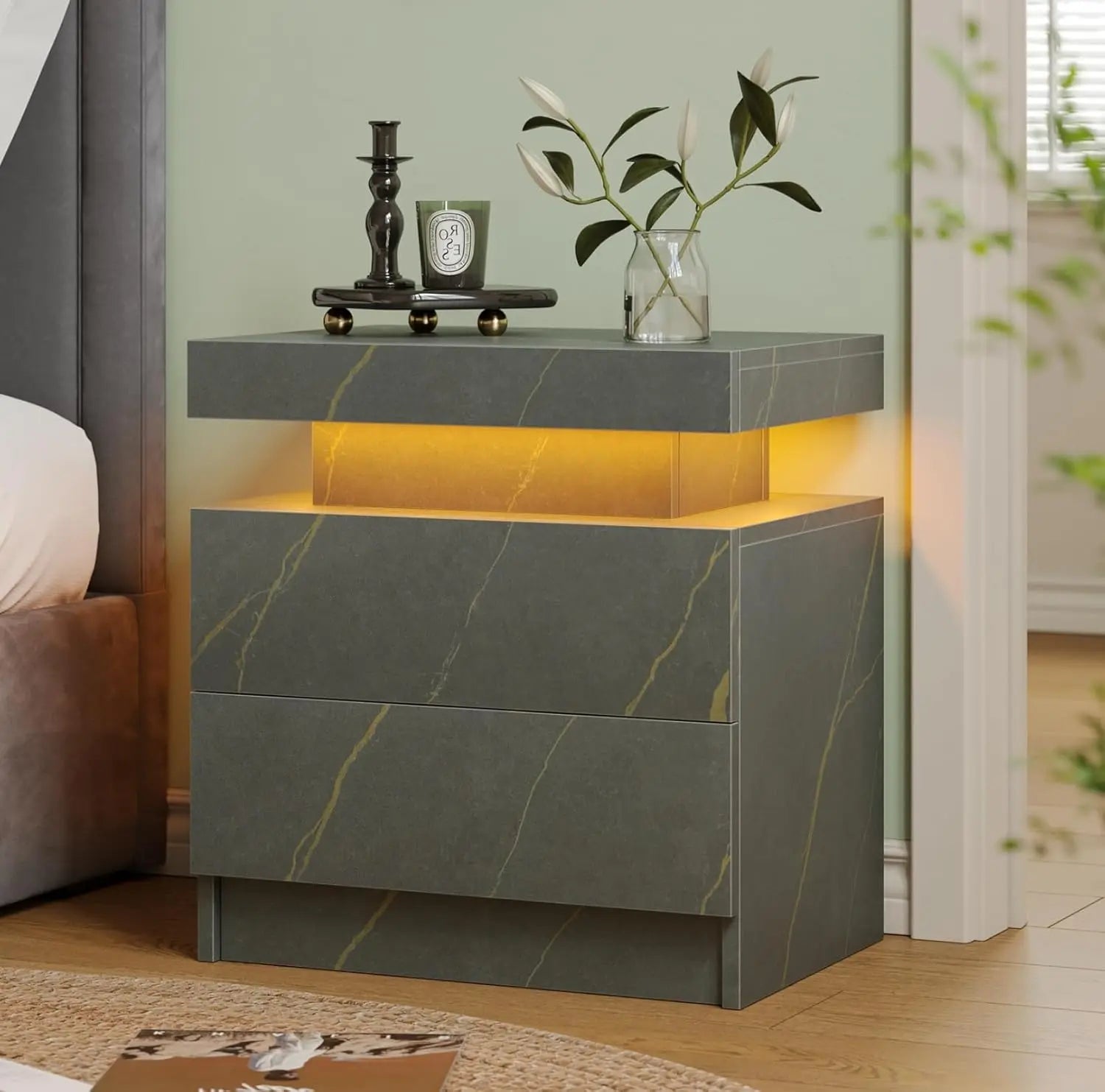 Modern LED Nightstand with 2 Drawers – 8 Colors, Minimalist Bedroom Style
