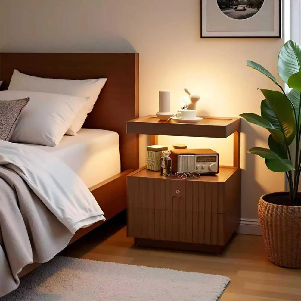 Modern Solid Wood Nightstand with LED Light – Warm Glow, Elegant Storage