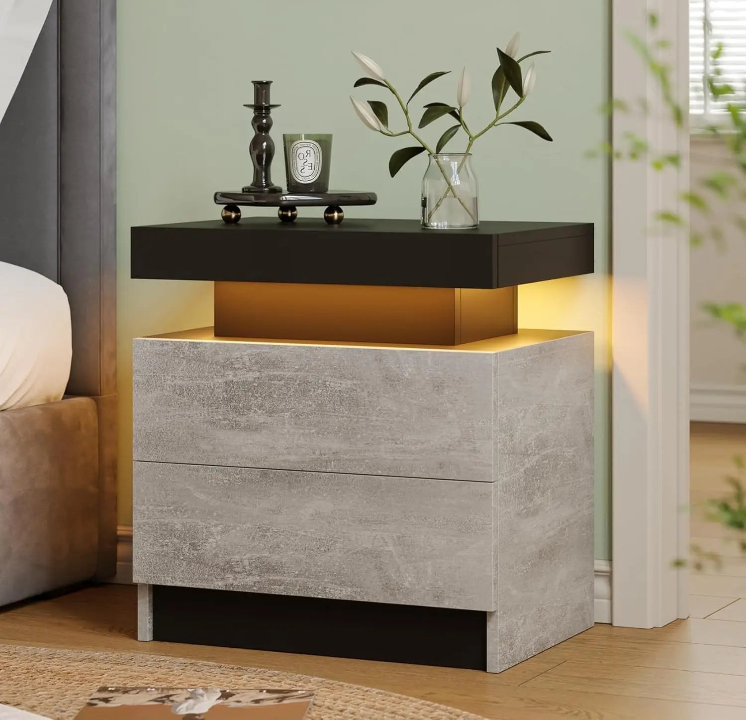 Modern LED Nightstand with 2 Drawers – 8 Colors, Minimalist Bedroom Style